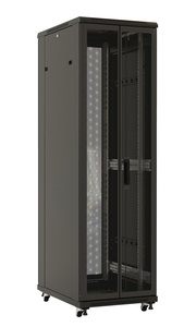 Hyperline TTB-3288-DD-RAL9004 Шкаф напольный 19-дюймовый, 32U, 1610x800х800 мм (ВхШхГ), передняя и задняя распашные перфорированные двери (75%), ручка с замком, 2 вертикальных кабельных органайзера, крыша нового типа, цвет черный (RAL 9004) (разобранный)