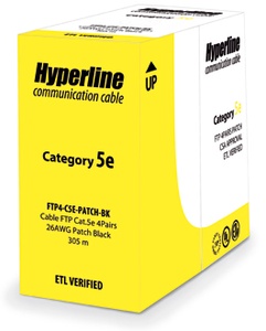 Hyperline FUTP4-C5E-P26-IN-PVC-YL-305 (305 м) Кабель витая пара, экранированная F/UTP, категории 5e, 4 пары (26 AWG), многожильный (patch), экран - фольга, PVC, –20°C – +75°C, желтый