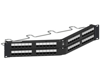 Угловая коммутационная панель 48хRJ45 Cat.6, тип кабеля:22/24AWG solid/stranded U/UTP, с кабельной поддержкой, высота: 2RU цвет: чёрный