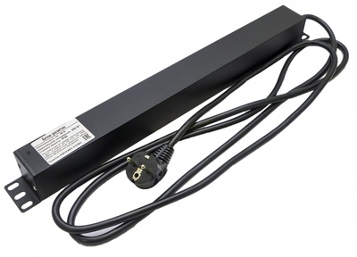 Hyperline SHE19-8IEC-S-2.5EU Блок розеток для 19" шкафов, горизонтальный, 8 розеток IEC320 C13, выключатель с подсветкой, кабель питания 2.5м (3х1.5мм2) с вилкой Schuko 16A, 250В, 482.6x44.4x44.4мм (ШхГхВ), корпус алюминий, черный