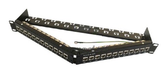Hyperline PPBL5A-19-48-RM Модульная Коммутационная панель 19", 48 портов, угловая, 2U, для неэкранированных гнёзд Keystone Jack, с 2-мя задними кабельными органайзерами (без гнёзд)