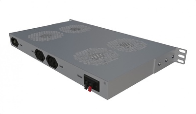 Hyperline TRFA-MICR-4F-RAL7035 Модуль вентиляторный 19", 1U, глубиной 290мм, с термостатом и 4-я вентиляторами, номинальная мощность 70.40 Вт, датчик температуры, кабель питания C13-Schuko 1.8м, цвет серый (RAL 7035)