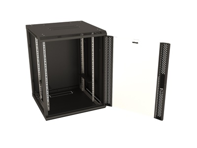 Hyperline TWB-1545-GP-RAL9004 Шкаф настенный 19-дюймовый (19"), 15U, 775x600х450мм, стеклянная дверь с перфорацией по бокам, ручка с замком, цвет черный (RAL 9004) (разобранный)