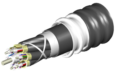 Универсальный распределительный оптический кабель, волокон: 48, Тип волокна: OM4, LazrSPEED® 550, конструкция: 4x12 кабеля с центральным силовым элементом и кевларом вокруг центрального силового элемента, изоляция промежуточная - LSZH, бронирование алюминиевой лентой, изоляция внешняя - LSZH UV stabilized Riser, EuroClass: B2ca, модуля - LSZH, диаметр: 28,1 мм, -40 - +70 град., цвет: чёрный