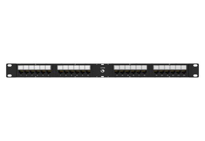 Угловая коммутационная панель 24хRJ45 Cat.6A, тип кабеля:22/24AWG solid/stranded U/UTP, с кабельной поддержкой, высота: 1RU цвет: чёрный