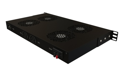 Hyperline TRFA-MICR-4F-RAL9004 Модуль вентиляторный 19", 1U, глубиной 290мм, с термостатом и 4-я вентиляторами, номинальная мощность 70.40 Вт, датчик температуры, кабель питания C13-Schuko 1.8м, цвет черный (RAL 9004)