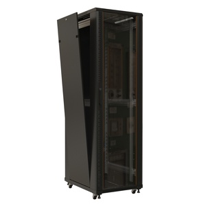 Hyperline TTB-4284-AS-RAL9004 Шкаф напольный 19-дюймовый, 42U, 2055x800х450 мм (ВхШхГ), передняя стеклянная дверь со стальными перфорированными боковинами, задняя дверь сплошная, ручка с замком, крыша нового типа, цвет черный (RAL 9004) (разобранный)