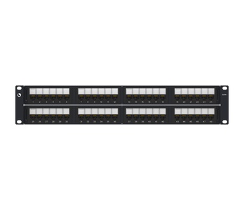 Угловая коммутационная панель recessed 48хRJ45 Cat.6, тип кабеля:22/24AWG solid/stranded U/UTP, с кабельной поддержкой, высота: 2RU цвет: чёрный