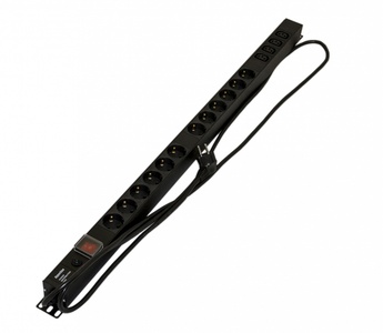 Hyperline SHE-12SH-4IEC-SF-2.5EU Блок розеток, вертикальный, 12 розеток Schuko, 4 розетки IEC320 C13, выкл. с подсветкой, защита от перенапряжения, кабель питания 2.5м (3х1.5мм2) с вилкой Schuko 16A, 250В, 950x44.4x44.4мм (ДхШхВ), корпус алюминий, черный
