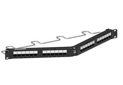 Угловая коммутационная панель 24хRJ45 Cat.5e, тип кабеля:22/24AWG solid/stranded U/UTP, с кабельной поддержкой, высота: 1RU цвет: чёрный