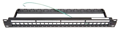 Экранированная коммутационная панель незаполненная с клеммой заземления, 1RU, 24 порта SL-типа, с пластиковой кабельной поддержкой, цвет: серый