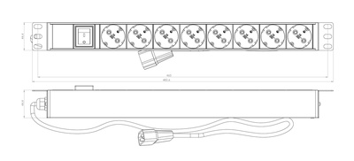 Hyperline SHE19-8SH-S-2.5IEC Блок розеток для 19" шкафов, горизонтальный, 8 розеток Schuko, выключатель с подсветкой, кабель питания 2.5м (3х1.0мм2) с вилкой IEC320 C14 10A, 250В, 482.6x44.4x44.4мм (ШхГхВ), корпус алюминий, черный