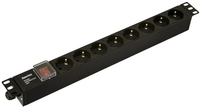 Hyperline SHE19-8SH-S-CB Блок розеток для 19" шкафов, горизонтальный, 8 розеток Schuko, выключатель с подсветкой, без кабеля питания, клеммная колодка 16A, 250В, 482.6x44.4x44.4мм (ШхГхВ), корпус алюминий, черный