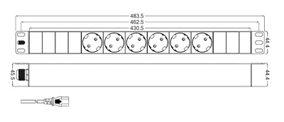 Hyperline SHT19-6SH-2.5IEC Блок розеток для 19" шкафов, горизонтальный, 6 розеток Schuko, кабель питания 2.5м (3х1.0мм2) с вилкой IEC320 C14 10A, 250В, 482.6x44.4x44.4мм (ШхГхВ), корпус алюминий