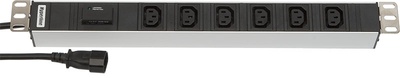 Hyperline SHT19-6IEC-F-2.5IEC Блок розеток для 19" шкафов, горизонтальный, 6 розеток IEC320 C13, защита от перенапряжения (сменный блок), кабель питания 2.5м (3х1.0мм2) с вилкой IEC320 C14 10A, 250В, 482.6x44.4x44.4мм (ШхГхВ), корпус алюминий