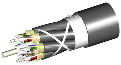 Универсальный распределительный оптический кабель, волокон: 36, Тип волокна: ОМ4 LazrSPEED® 550, конструкция: 3 кабеля по 12 волокон с центральным силовым элементом и кевларом, диэлектрический центральный силовой элемент, изоляция: внешняя - LSZH UV stabilized Riser, кабеля - LSZH, EuroClass: Cca, диаметр: 17,1 мм, -40 - +70 град., цвет: чёрный