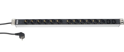 Hyperline SHT-12SH-2IEC-2.5EU Блок розеток, вертикальный, 12 розеток Schuko, 2 розетки IEC320 C13, кабель питания 2.5м (3х1.5мм2) с вилкой Schuko 16A, 250В, 750x44.4x44.4мм (ДхШхВ), корпус алюминий