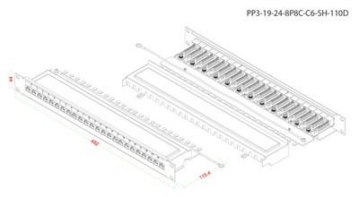 Hyperline PP3-19-24-8P8C-C6-SH-110D Коммутационная панель 19", 1U, 24 порта RJ45 полн. экран., категория 6, Dual IDC, ROHS, цвет черный