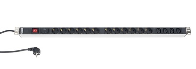 Hyperline SHT-12SH-4IEC-SF-2.5EU Блок розеток, вертикальный, 12 розеток Schuko, 4 розетки IEC320 C13, выкл. с подсветкой, защита от перенапр. (сменн. блок), кабель питания 2.5м (3х1.5мм2) с вилкой Schuko 16A, 250В, 944x44.4x44.4мм (ДхШхВ), копрус алюминий