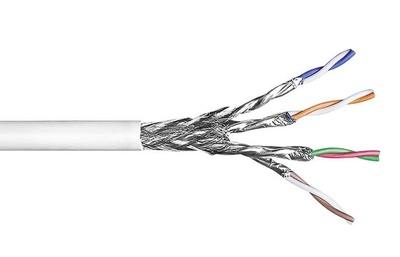 Сдвоенный кабель 2x4-парный PIMF 1200MГц, Cat.7A, 22 AWG, оболочка: LSZH, EuroClass B2ca, NVP: 80%, -20-+60 град., диаметр: 2х7.59 мм, цвет: белый, уп.: катушка 500м