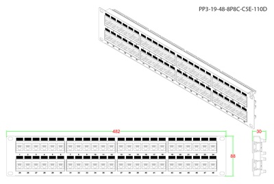 Hyperline PP3-19-48-8P8C-C5E-110D Коммутационная панель 19", 2U, 48 портов RJ45, Cat.5e, Dual IDC, ROHS, цвет черный