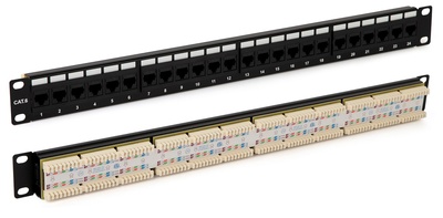 Hyperline PP3-19-48-8P8C-C6-110D Коммутационная панель 19", 2U, 48 портов RJ45, категория 6, Dual IDC, ROHS, цвет черный (задний кабельный органайзер в комплекте)