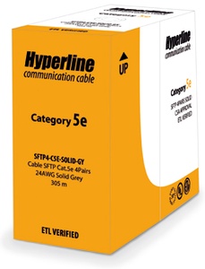 Hyperline SFUTP4-C5E-S24-IN-PVC-GY-305 (305 м) Кабель витая пара SF/UTP, Cat.5e, 4 пары(24 AWG), одножильный(solid), экран - фольга + медная оплетка, PVC, –20°C – +75°C, серый - гарантия:15 лет компонентная; 25 лет системная