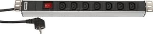 Hyperline SHT19-7IEC-S-2.5EU Блок розеток для 19" шкафов, горизонтальный, 7 розеток IEC320 C13, выключатель с подсветкой, кабель питания 2.5м (3х1.5мм2) с вилкой Schuko 16A, 250В, 482.6x44.4x44.4мм (ШхГхВ), корпус алюминий