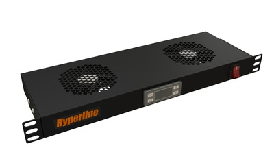 Hyperline TRFA-MICR-2F-RAL9004 Модуль вентиляторный 19", 1U, глубиной 170мм, с термостатом и 2-мя вентиляторами, номинальная мощность 35.20 Вт, датчик температуры, кабель питания C13-Schuko 1.8м, цвет черный (RAL 9004)