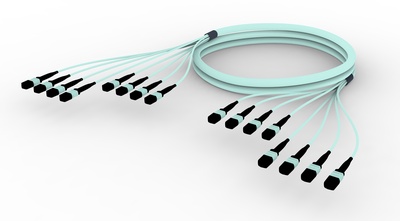 Претерминированный кабель 96 волокон MPOptimate® ULL OM4 8хMPO12(m)/8хMPO12(m), UltraLowLoss, изоляция: LSZH B2ca, Полярность: метод А, t=-10-+60 град., цвет: бирюзовый