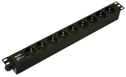 Hyperline SHE19-9SH-CB Блок розеток для 19" шкафов, горизонтальный, 9 розеток Schuko, без кабеля питания, клеммная колодка 16A, 250В, 482.6x44.4x44.4мм (ШхГхВ), корпус алюминий, черный