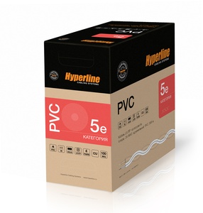 Hyperline UUTP4-C5E-S24-IN-PVC-BK-305 (305 м) Кабель витая пара, неэкранированная U/UTP, Cat.5e, 4 пары (24 AWG), одножильный (solid), PVC, -20°C – +75°C, черный - гарантия: 15 лет компонентная, 25 лет системная