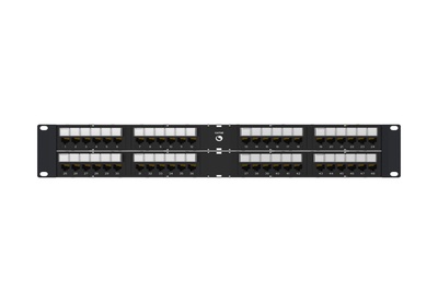 Угловая коммутационная панель 48хRJ45 Cat.5e, тип кабеля:22/24AWG solid/stranded U/UTP, с кабельной поддержкой, высота: 2RU цвет: чёрный