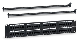 Коммутационная панель 19" (2U), 48 портов RJ45, Cat.5e, Dual IDC, с задним кабельным организатором, цвет черный