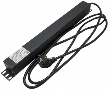 Hyperline SHE19-10IEC-S-2.5EU Блок розеток для 19" шкафов, горизонтальный, 10 розеток IEC320 C13, выключатель с подсветкой, кабель питания 2.5м (3х1.5мм2) с вилкой Schuko 16A, 250В, 482.6x44.4x44.4мм (ШхГхВ), корпус алюминий, черный
