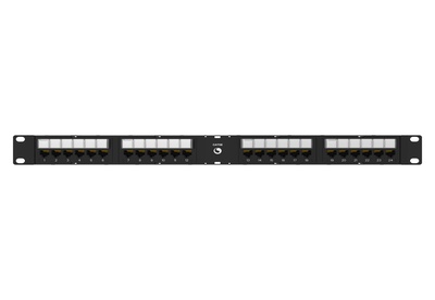 Угловая коммутационная панель 24хRJ45 Cat.5e, тип кабеля:22/24AWG solid/stranded U/UTP, с кабельной поддержкой, высота: 1RU цвет: чёрный