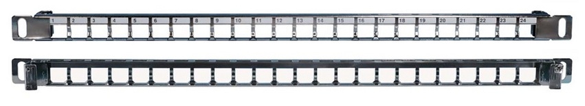 Hyperline PPBLHD-19-24S-SH-RM Модульная Коммутационная панель 19", 24 порта, Flat Type, 0.5U, для экранированных и неэкранированных гнёзд Keystone Jack (кроме KJ1-C2, KJ2-C5e, KJ2-C6), с задним кабельным органайзером (без гнёзд)