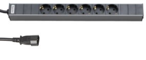 Hyperline SHT19-6SH-2.5IEC Блок розеток для 19" шкафов, горизонтальный, 6 розеток Schuko, кабель питания 2.5м (3х1.0мм2) с вилкой IEC320 C14 10A, 250В, 482.6x44.4x44.4мм (ШхГхВ), корпус алюминий