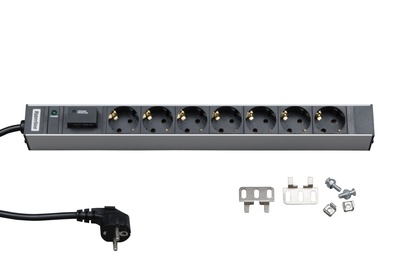 Hyperline SHT19-7SH-IF-2.5EU Блок розеток для 19" шкафов, горизонтальный, 7 розеток Schuko, индикатор питания, защита от перенапряжения (сменный блок), кабель питания 2.5м (3х1.5мм2) с вилкой Schuko 16A, 250В, 482.6x44.4x44.4мм (ШхГхВ), корпус алюминий