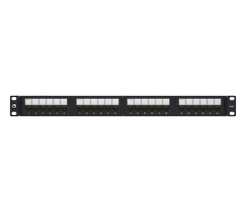 Угловая коммутационная панель recessed 24хRJ45 Cat.6, тип кабеля:22/24AWG solid/stranded U/UTP, с кабельной поддержкой, высота: 1RU цвет: чёрный
