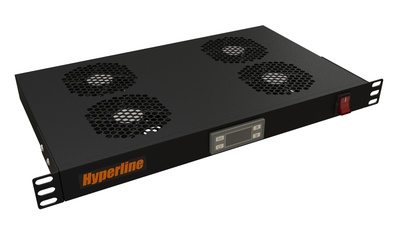 Hyperline TRFA-MICR-4F-RAL9004 Модуль вентиляторный 19", 1U, глубиной 290мм, с термостатом и 4-я вентиляторами, номинальная мощность 70.40 Вт, датчик температуры, кабель питания C13-Schuko 1.8м, цвет черный (RAL 9004)