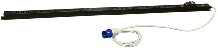 Hyperline SHE-20IEC-4BIEC-B-3PVB Блок розеток, вертикальный, 20 розеток IEC320 C13, 4 розетки IEC320 C19, автоматич. выключатель, кабель питания 3м (3х4.0мм2) с вилкой IEC 60309 32А (2х16A) (2P+E), 250В, 1556x44.4x44.4мм (ДхШхВ), корпус алюминий, черный