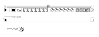 Hyperline SHT-12SH-4IEC-SF-2.5EU Блок розеток, вертикальный, 12 розеток Schuko, 4 розетки IEC320 C13, выкл. с подсветкой, защита от перенапр. (сменн. блок), кабель питания 2.5м (3х1.5мм2) с вилкой Schuko 16A, 250В, 944x44.4x44.4мм (ДхШхВ), копрус алюминий
