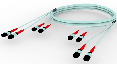 Претерминированный кабель MPOptimate® ULL 96 волокон OM4 4хMPO24(m)/4хMPO24(m), UltraLowLoss, изоляция: Plenum, Полярность: метод А, t=-10-+60 град., цвет: бирюзовый, Длина м.: 50