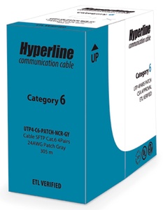 Hyperline UUTP4-C6-P24-NCR-IN-PVC-GY-305 (305 м) Кабель витая пара, неэкранированная U/UTP, категория 6, 4 пары (24 AWG), многожильный (patсh), без разделителя, PVC, -20°С – +75°С, серый