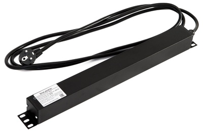 Hyperline SHE19-9SH-2.5EU Блок розеток для 19" шкафов, горизонтальный, 9 розеток Schuko, кабель питания 2.5м (3х1.5мм2) с вилкой Schuko 16A, 250В, 482.6x44.4x44.4мм (ШхГхВ), корпус алюминий, цвет черный