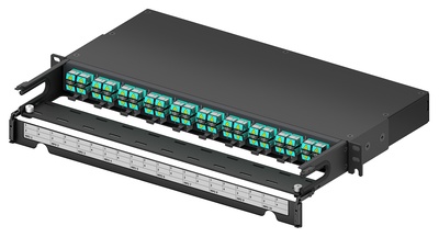 Коммутационная панель 40xLC Duplex/10xMPO-8(m) OM4 Method B Enhanced с фронтальным кабельным органайзером, высота: 1RU, цвет: чёрный