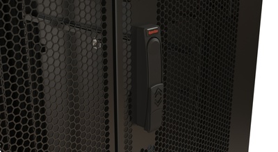 Hyperline TTR-3288-DD-RAL9005 Шкаф напольный 19-дюймовый, 32U, 1610x800х800 мм (ВхШхГ), передняя и задняя распашные перфорированные двери (75%), ручка с замком, 2 вертикальных кабельных органайзера, цвет черный (RAL 9005) (разобранный)