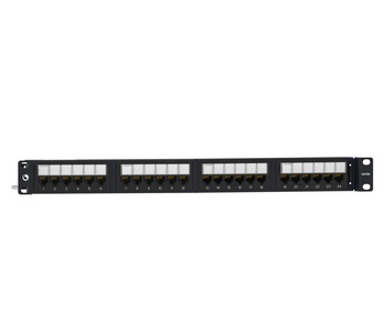 Угловая коммутационная панель recessed 24хRJ45 Cat.6A, тип кабеля:22/24AWG solid/stranded U/UTP, с кабельной поддержкой, высота: 1RU цвет: чёрный