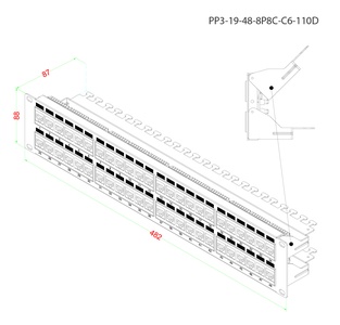 Hyperline PP3-19-48-8P8C-C6-110D Коммутационная панель 19", 2U, 48 портов RJ45, категория 6, Dual IDC, ROHS, цвет черный (задний кабельный органайзер в комплекте)